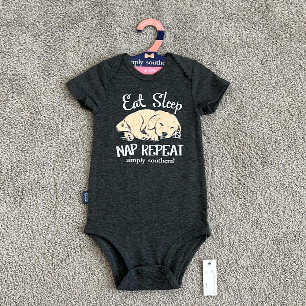 NWT Simply Southern Gray Puppy Eat Sleep Nap Repeat Bodysuit Onesie 6-12 months